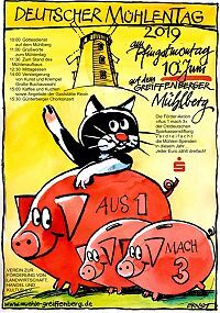 Plakat Mühlentag 2019 - wieder fröhlich gestaltet von Hans Eberhard Ernst
